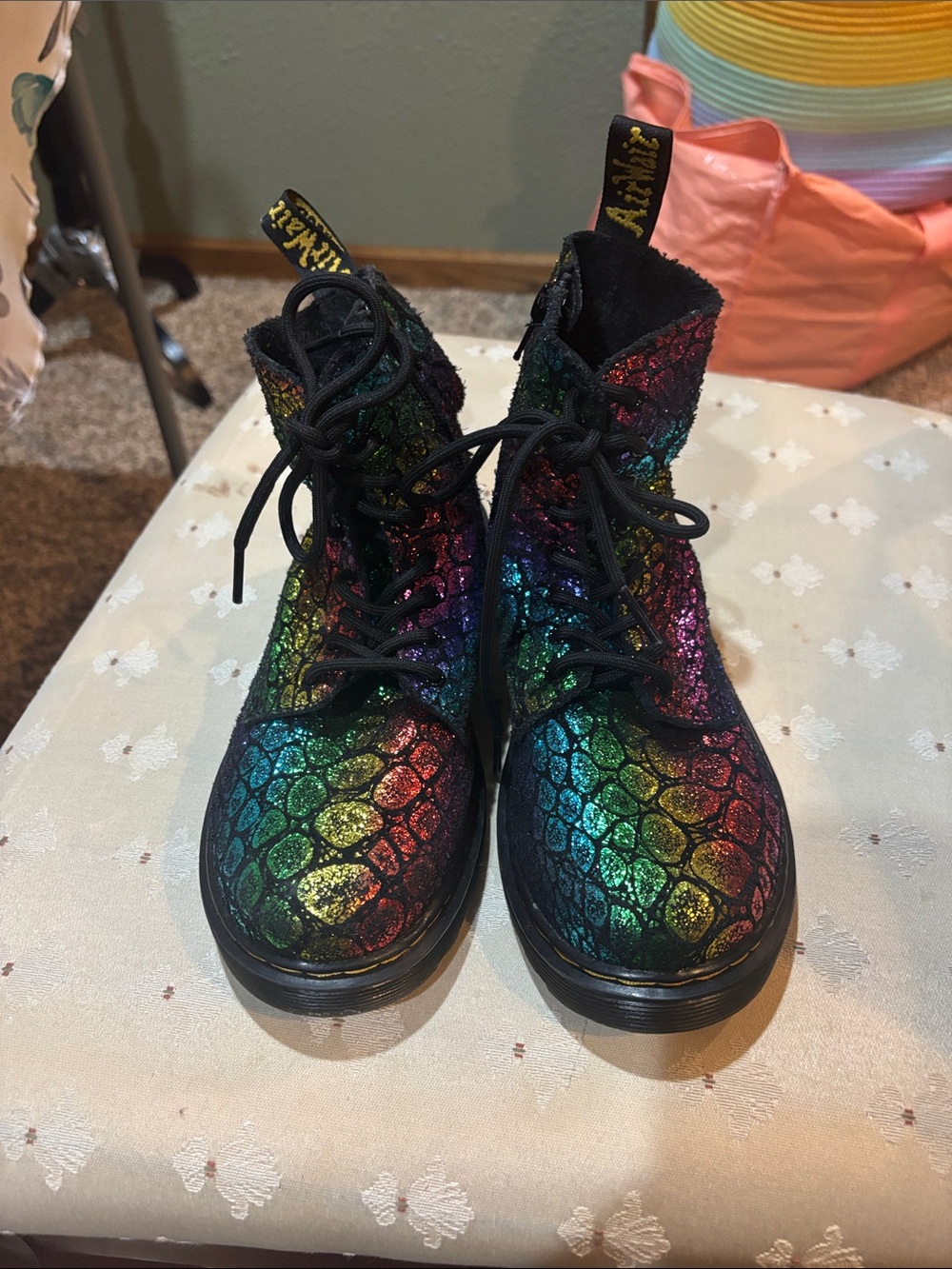 Dr. Martens Kids Rainbow Glitter Combat Boots - Black Sole Size 3